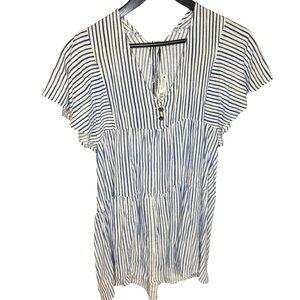 ZARA Medium Blue White Striped Tiered Mini Dress Easter Baby Shower Graduation